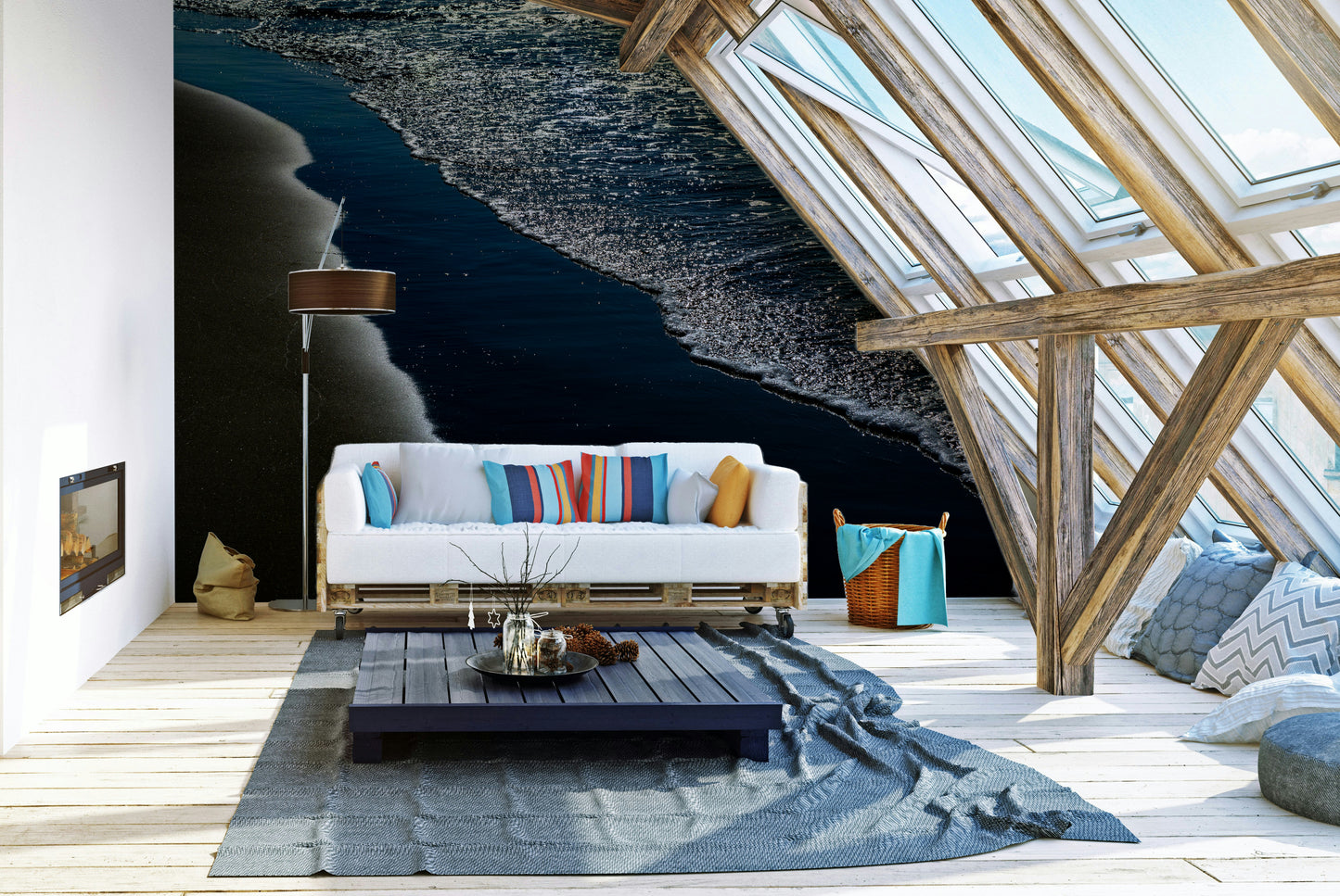 An artistic coastal landscape mural for home decor.

