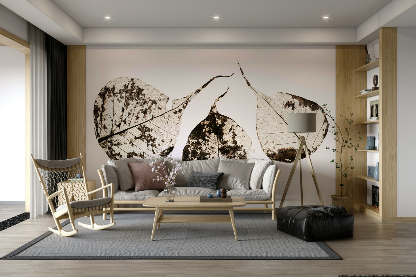 A graceful subtle leaf wall mural in warm, natural tones.

