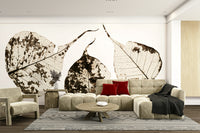 A calming leaf design wallpaper mural that defines a space.

