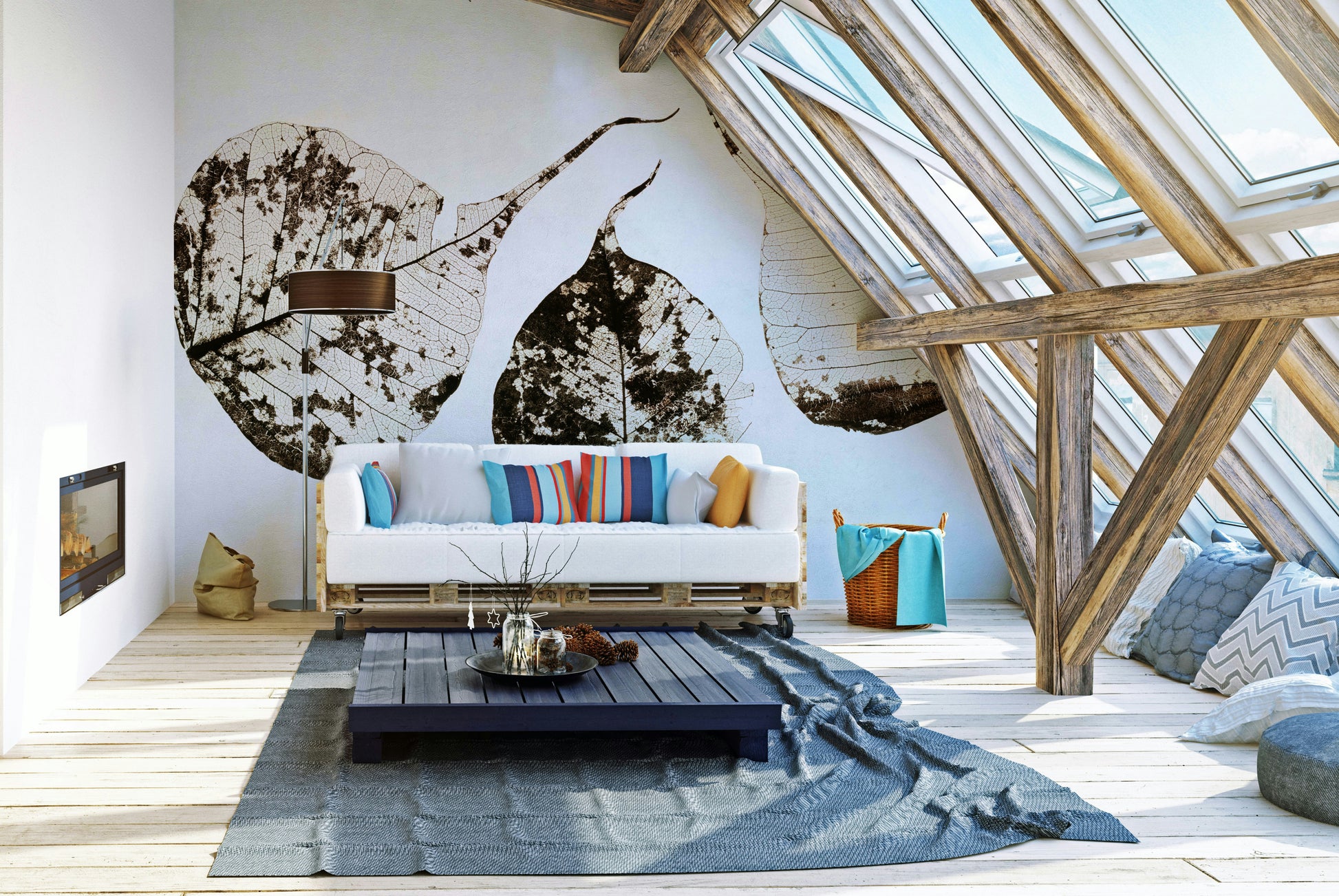 A contemplative leaf pattern wallpaper mural for a feature wall.

