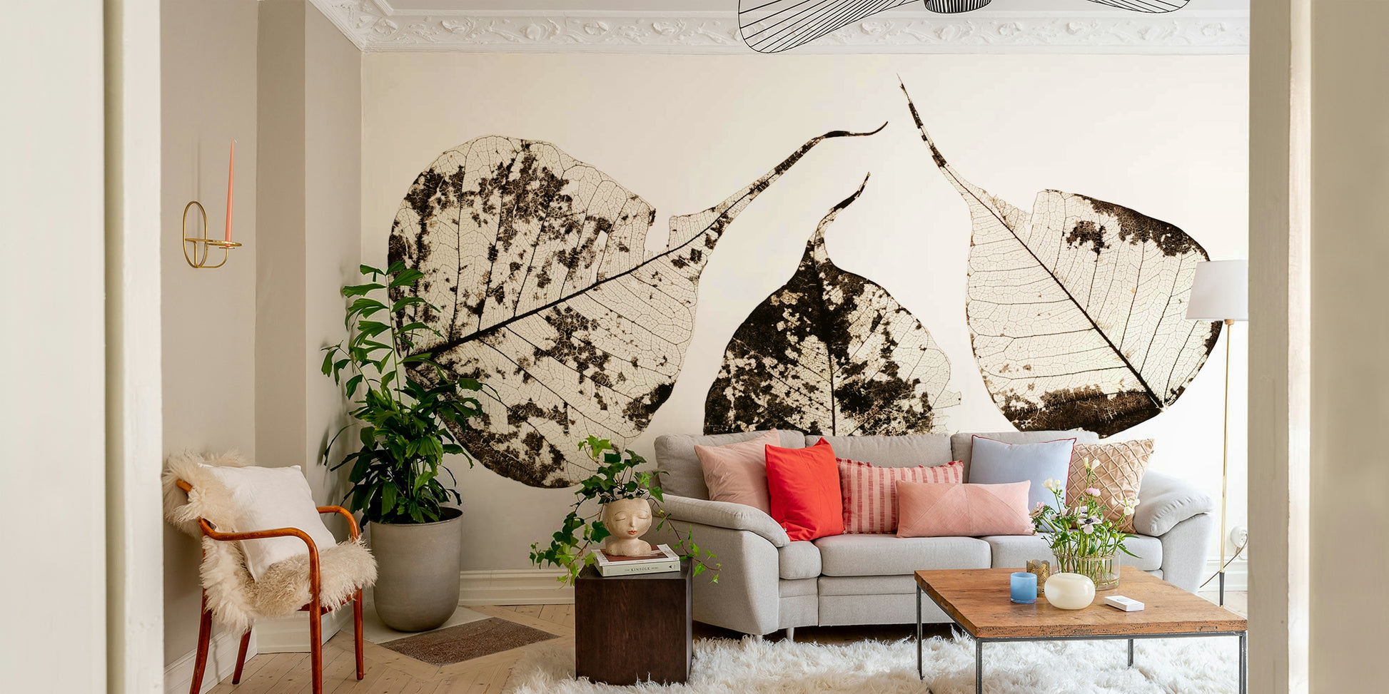 An artistic autumn scene mural on minimalist wallpaper.


