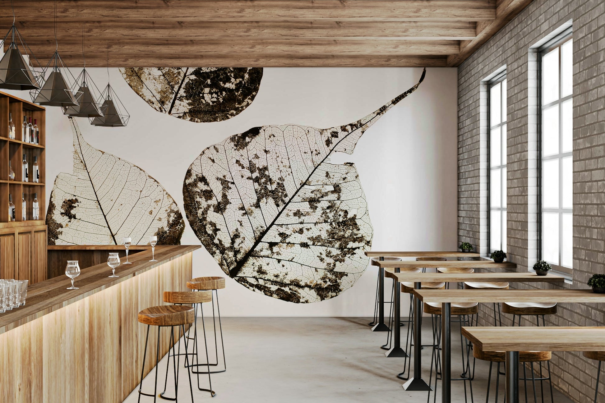 A contemplative leaf pattern wallpaper mural for a feature wall.

