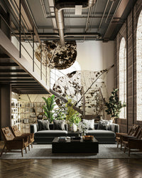 An artistic autumn scene mural on minimalist wallpaper.

