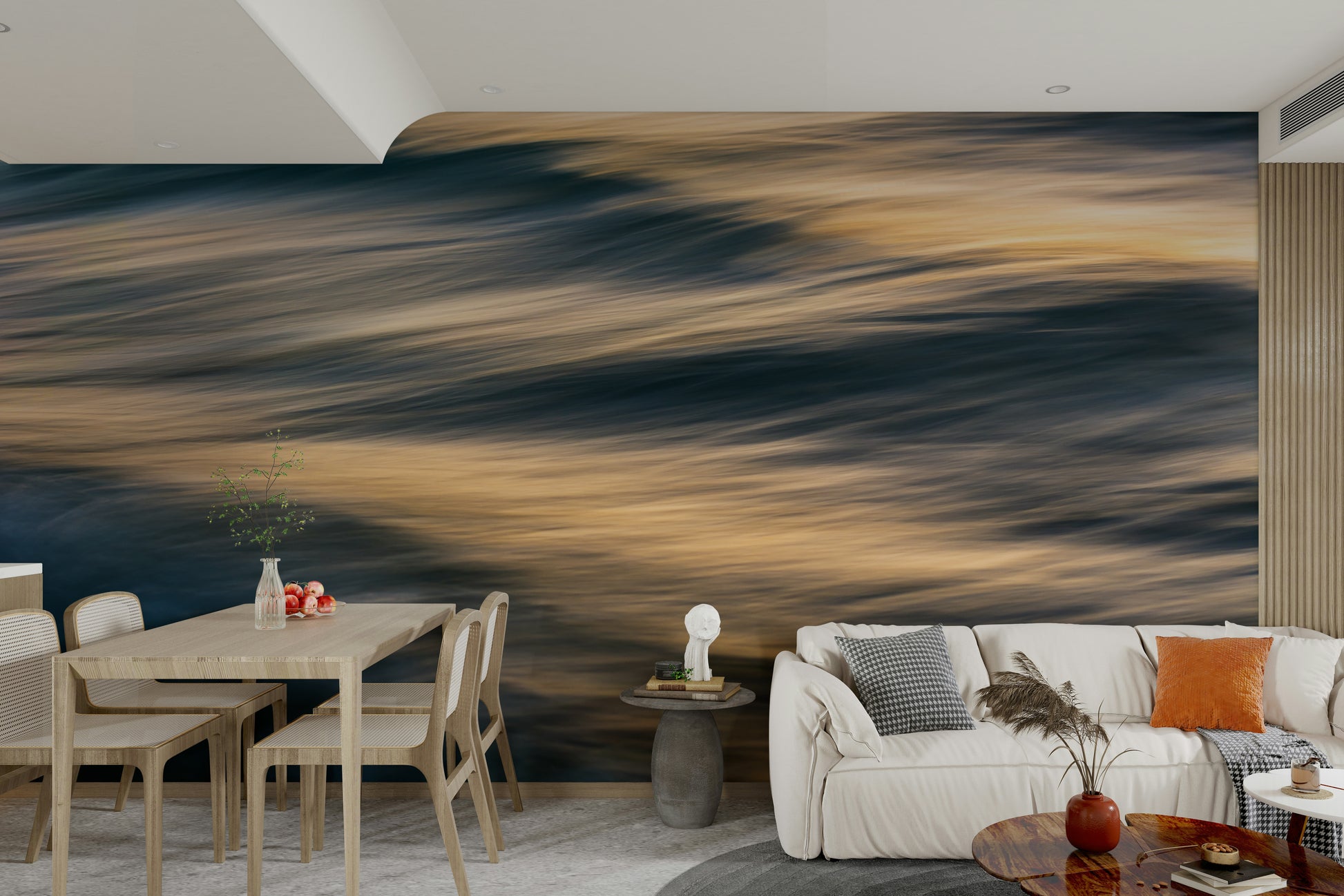 A beautiful abstract ocean wall mural for a living room.

