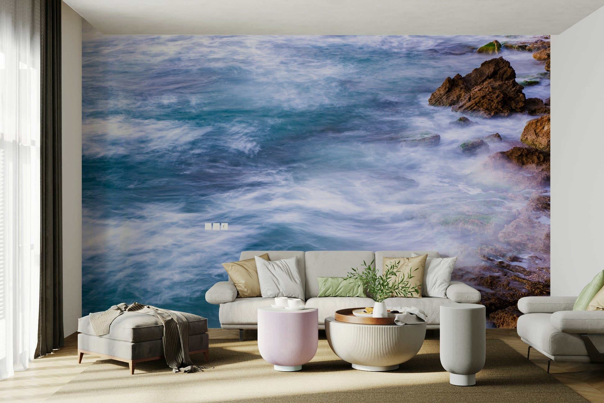 A tranquil ocean scene wall mural for nautical decor.

