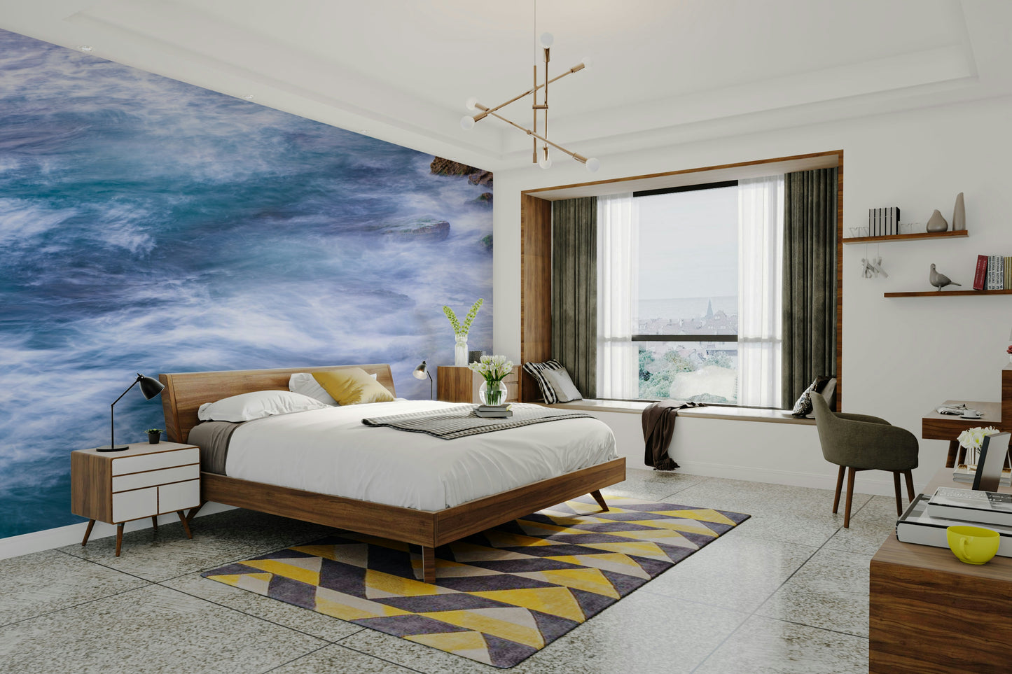 An artistic seaside view mural on minimalist wallpaper.

