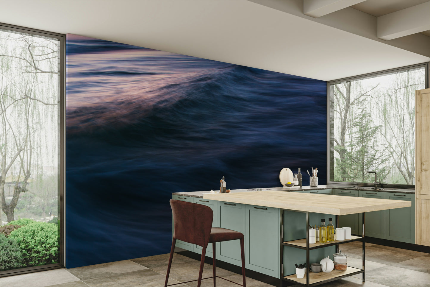A peaceful open ocean mural on decorative wallpaper.

