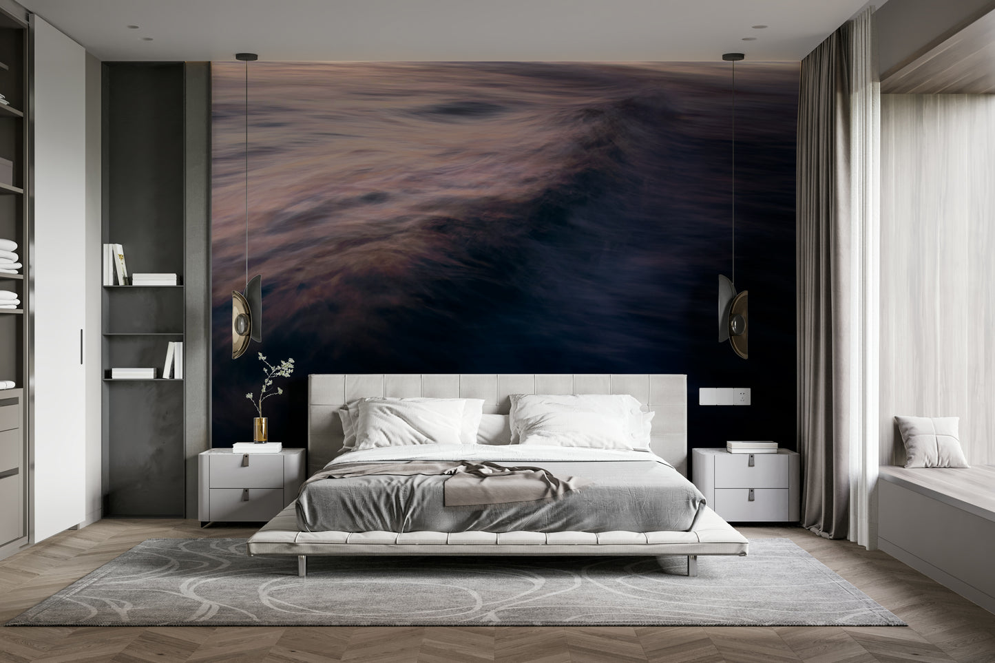 A graceful subtle pattern wall mural in cool, natural tones.

