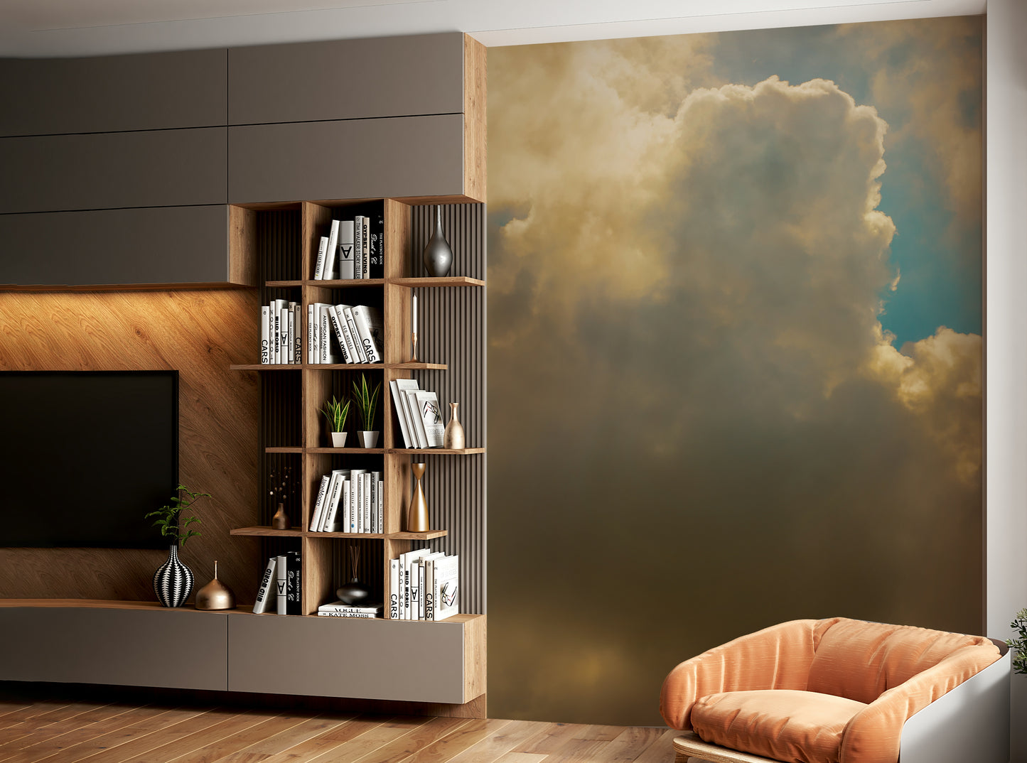 A peaceful open sky mural on decorative wallpaper.


