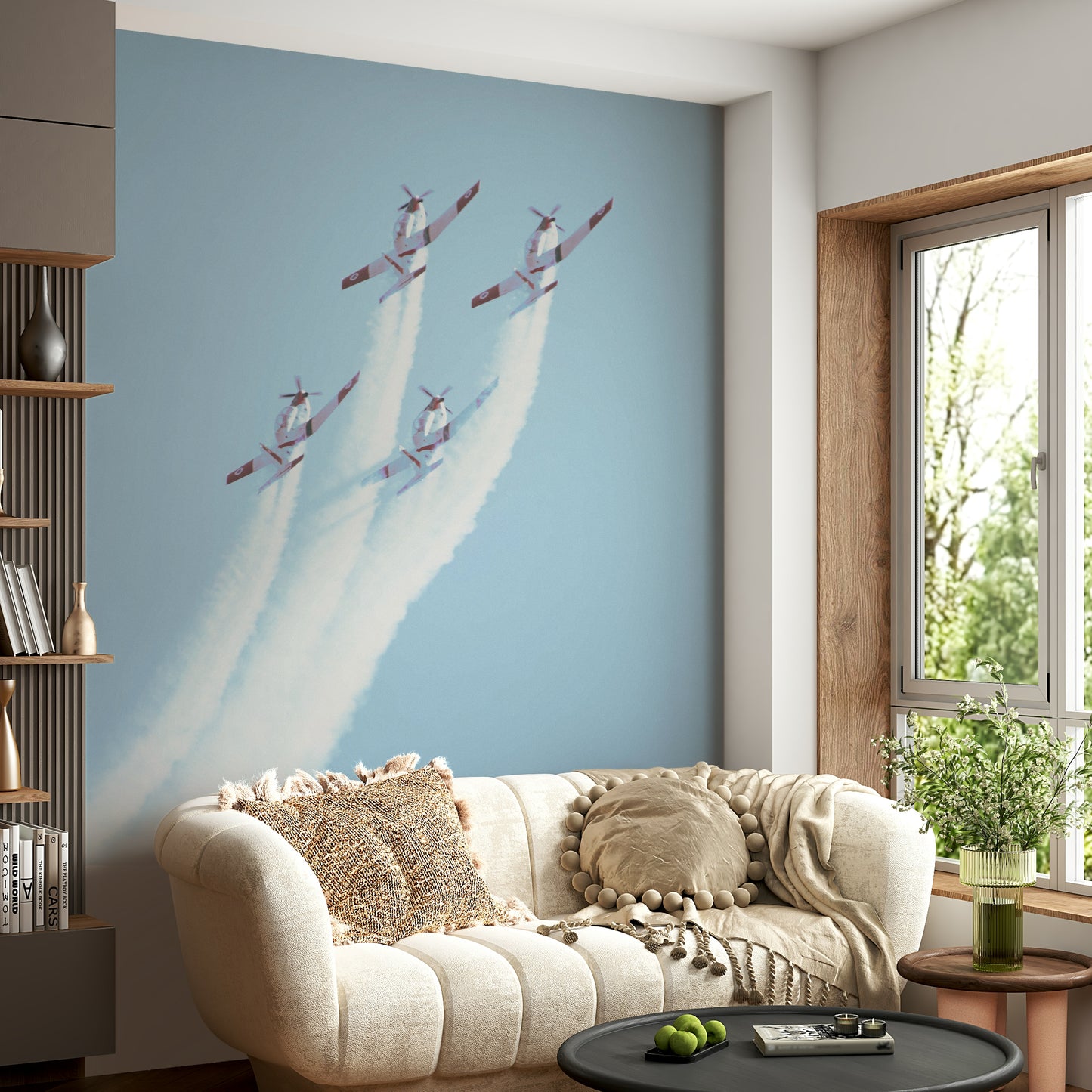 A peaceful historic air force mural on decorative wallpaper.

