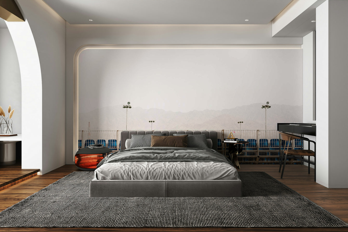 A graceful subtle sea view wall mural in warm, natural tones.

