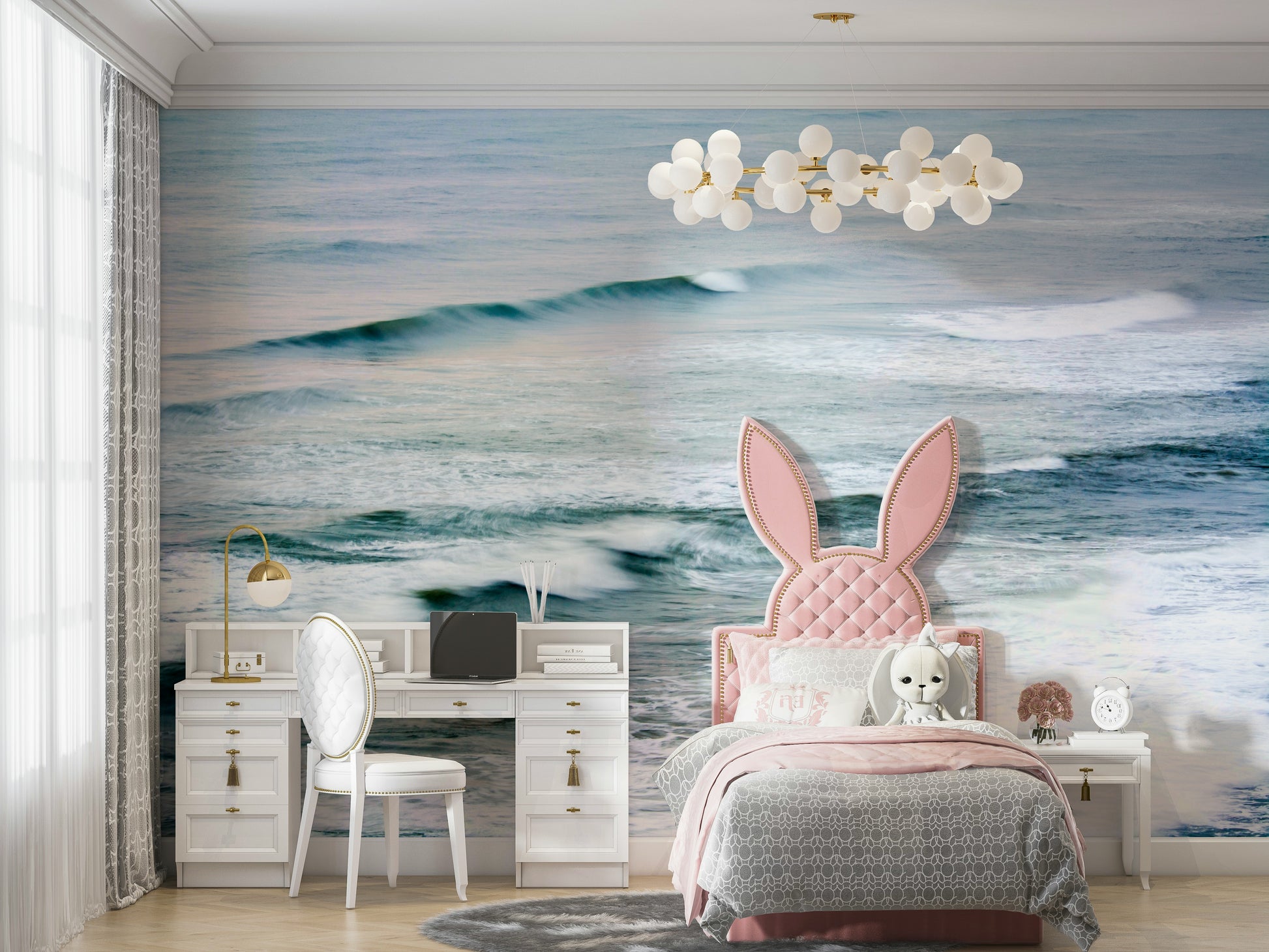 A calming water movement wallpaper mural that defines a space.

