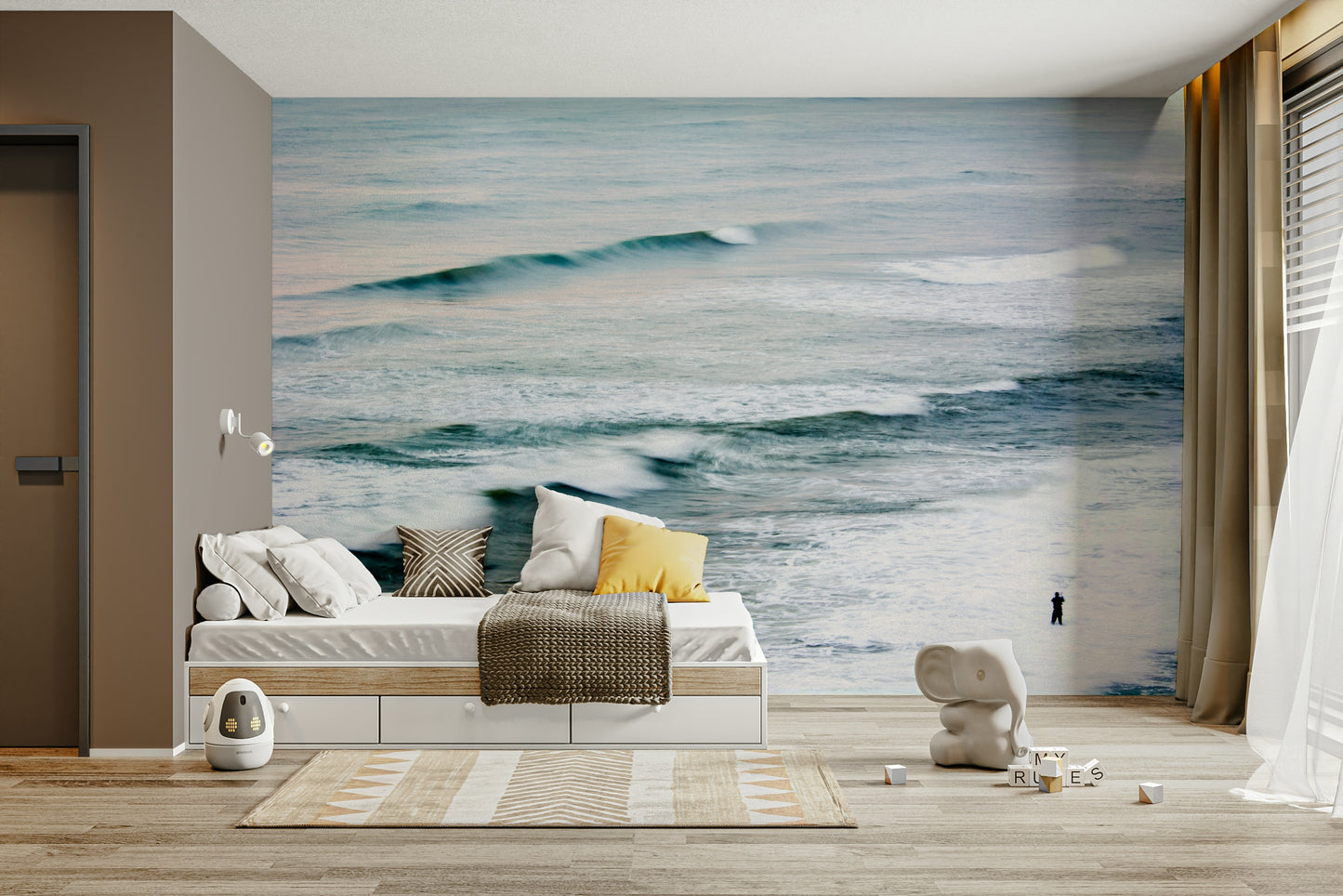 An artistic sea landscape mural for home decor.

