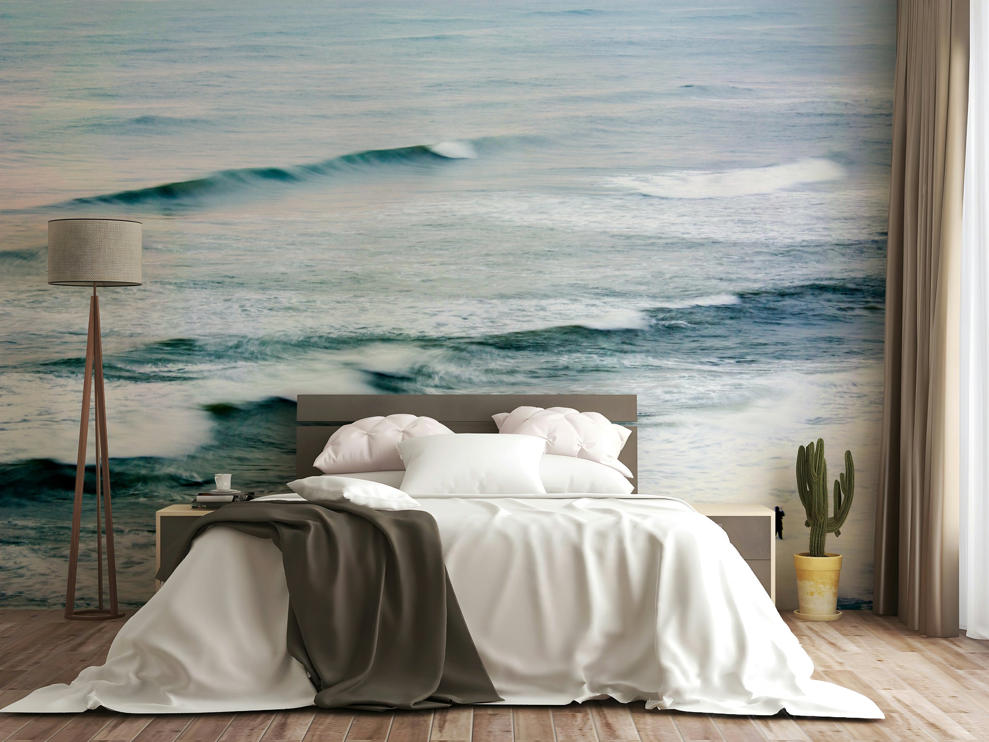 An artistic fisherman scene mural on minimalist wallpaper.


