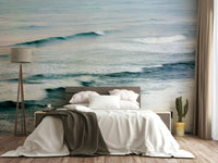 An artistic fisherman scene mural on minimalist wallpaper.


