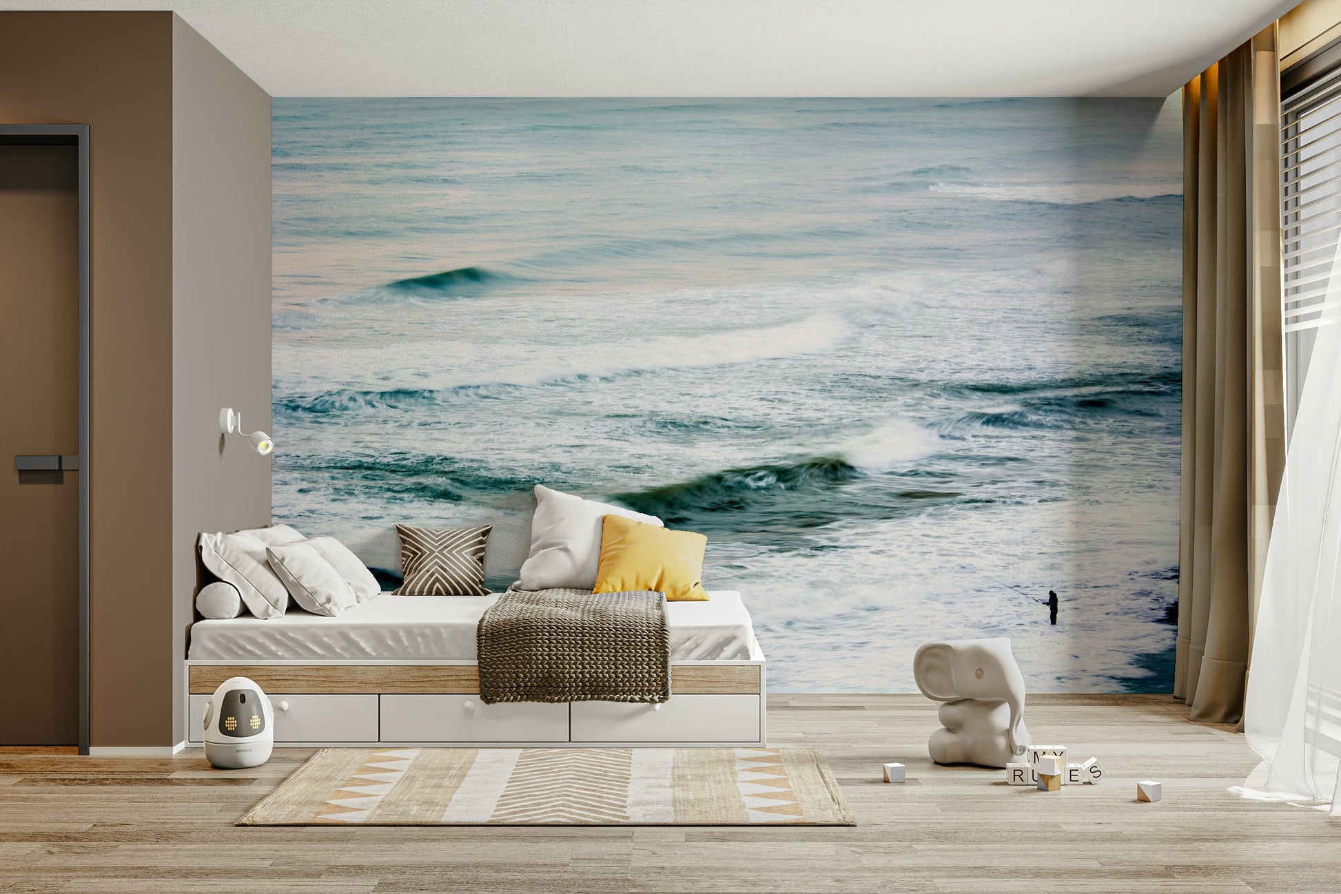 A graceful subtle sea view wall mural in cool, natural tones.

