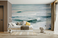 A graceful subtle sea view wall mural in cool, natural tones.

