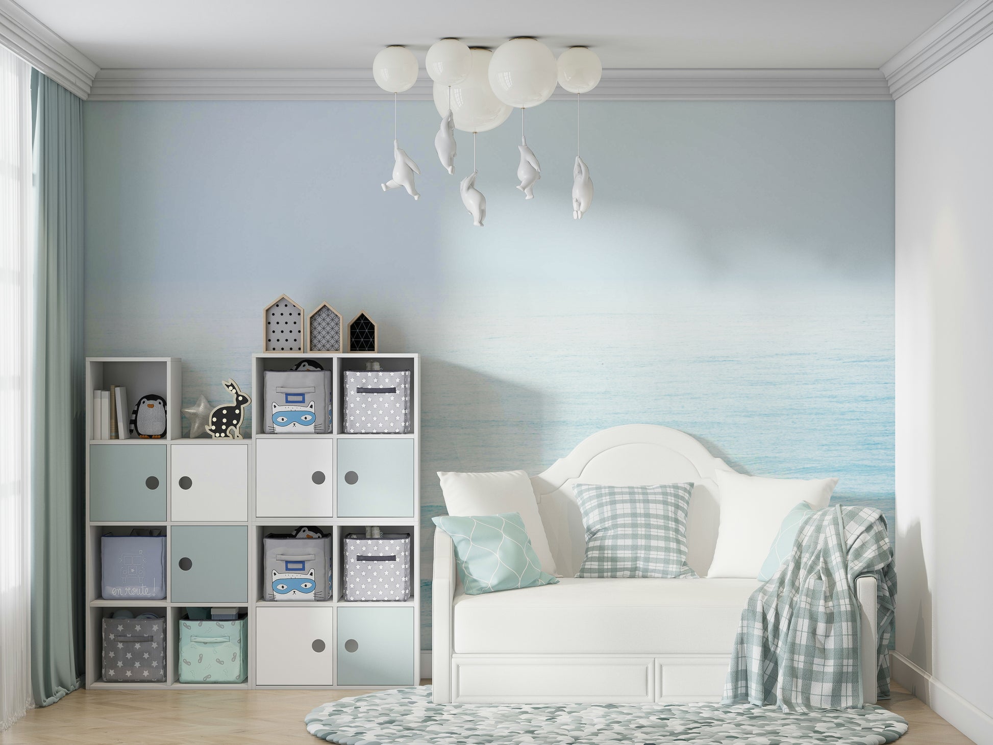 An artistic ocean landscape mural for home decor.

