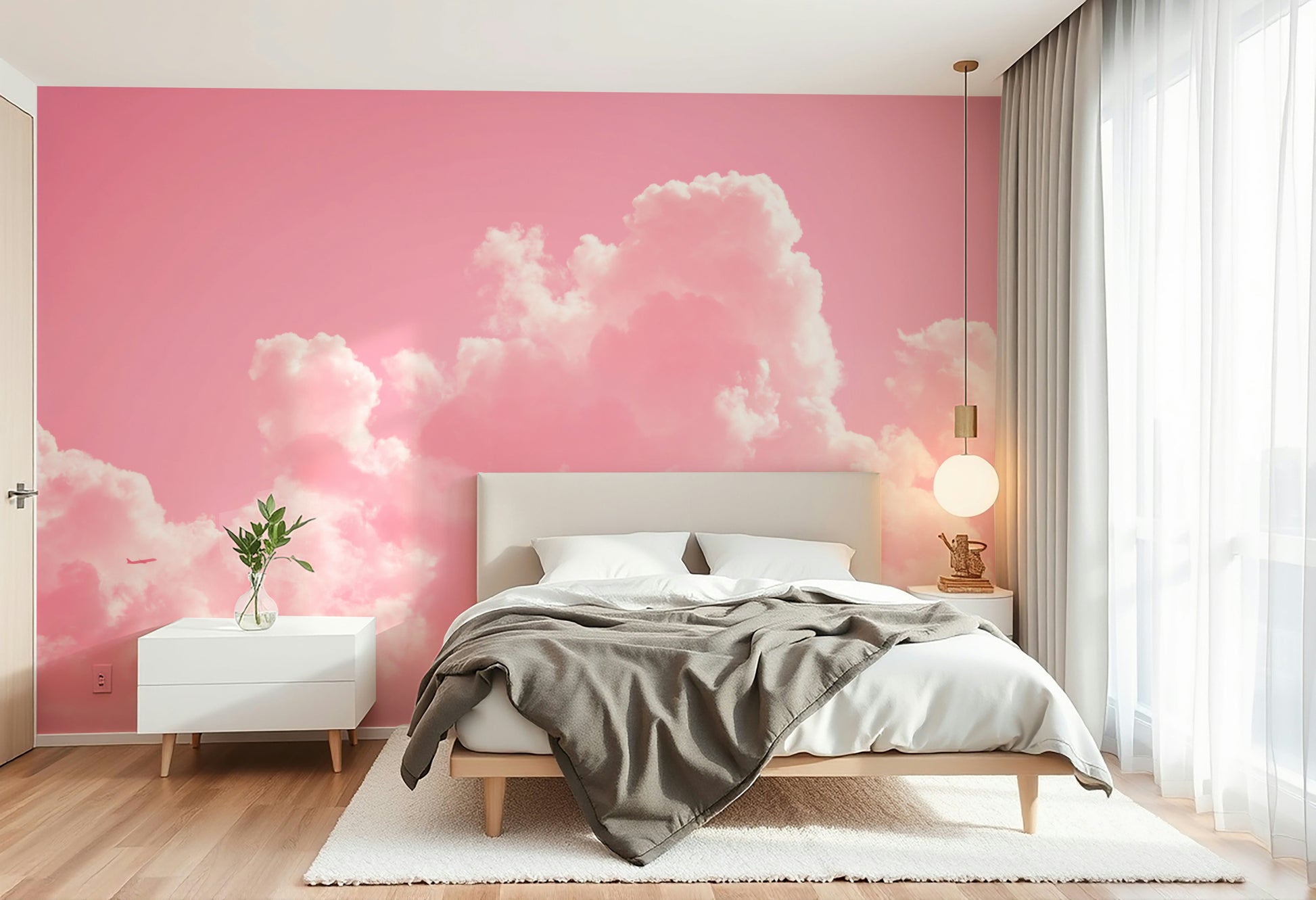 A calming cloud formation wallpaper mural that defines a space.

