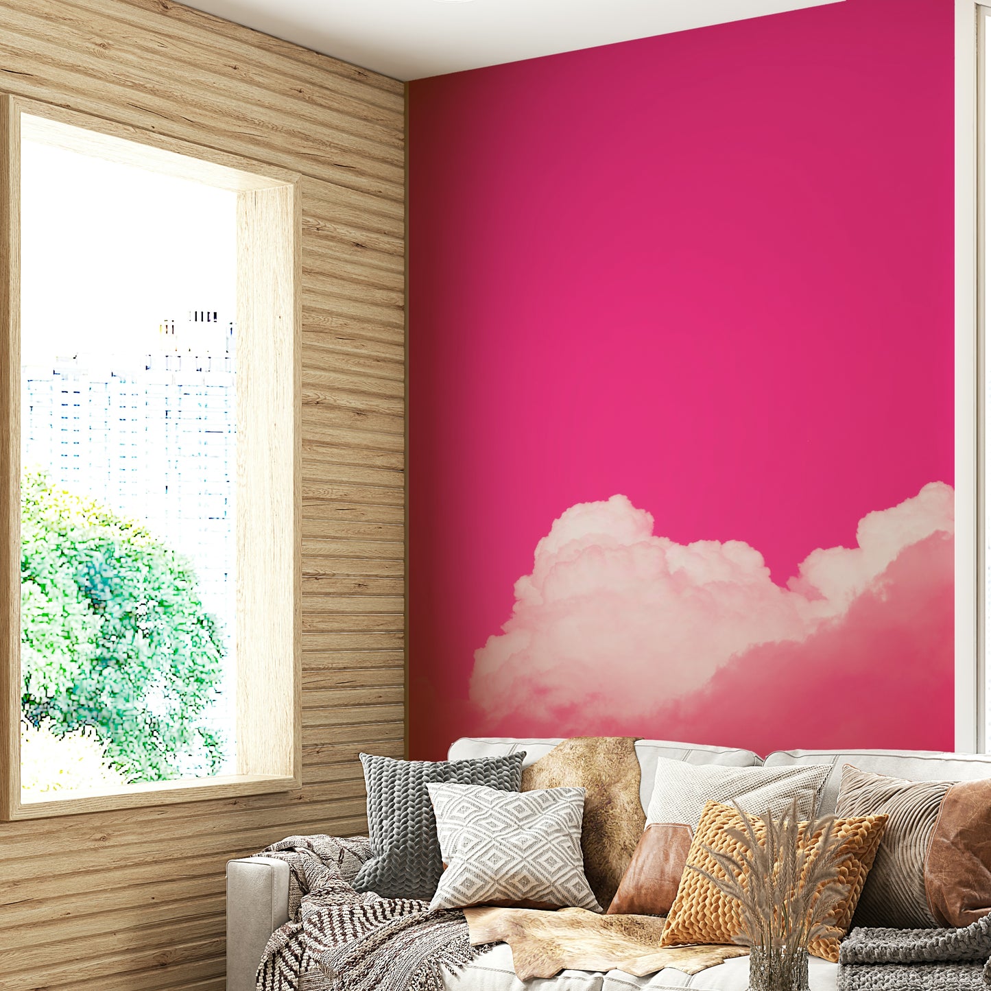 A beautiful pink cloudscape wallpaper mural for a modern home.

