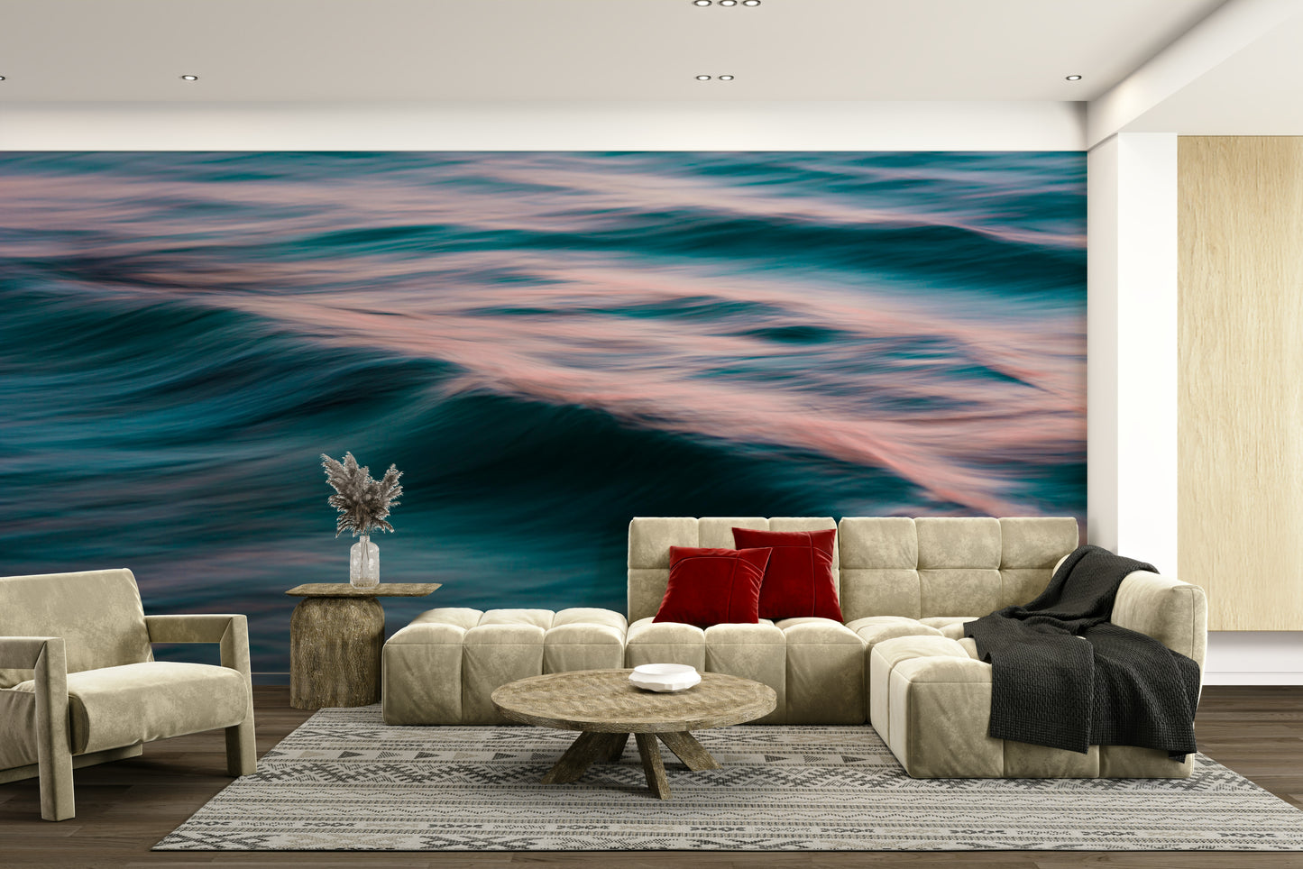 A beautiful abstract ocean wall mural for a living room.

