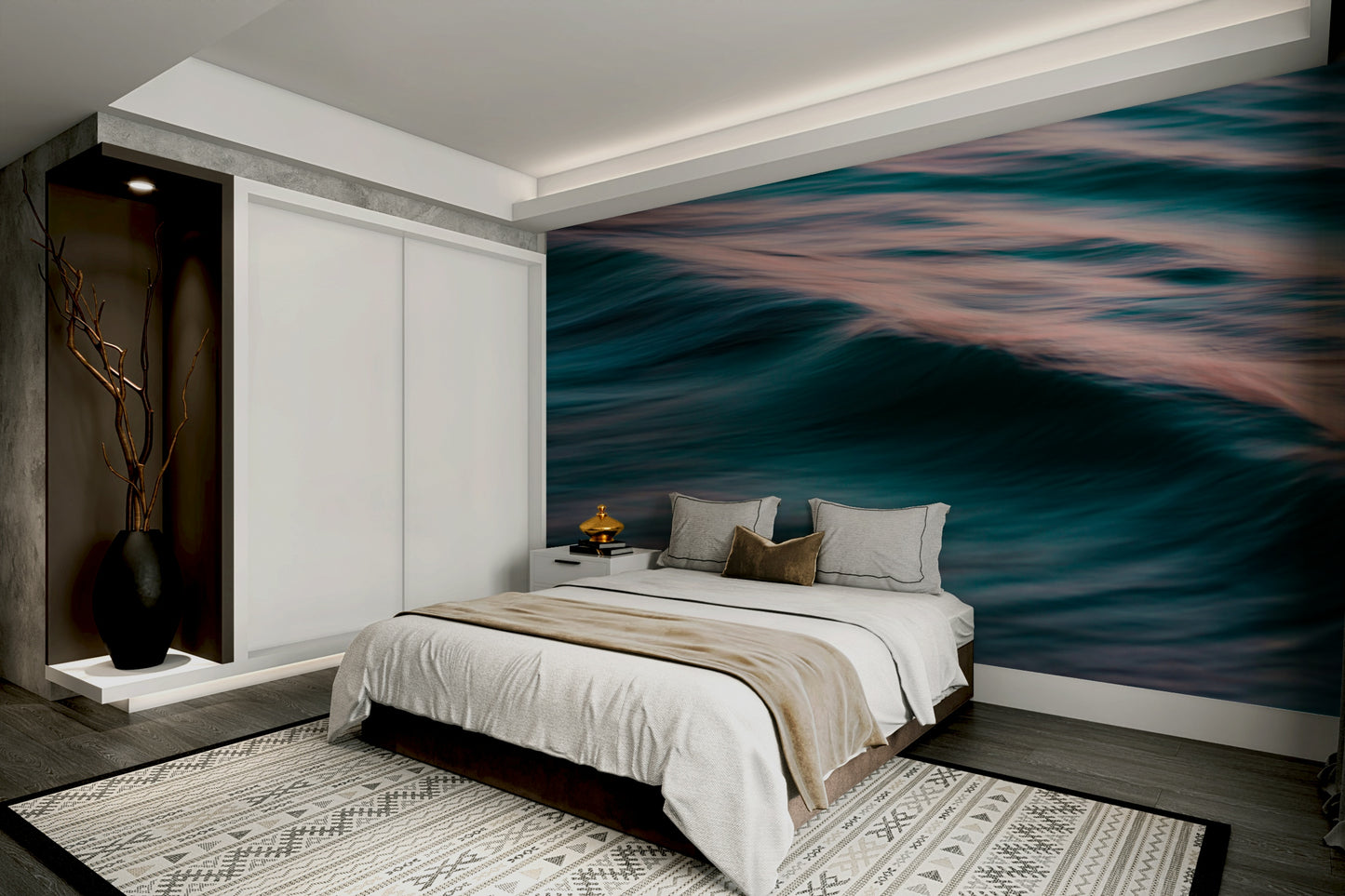 A peaceful open ocean mural on decorative wallpaper.

