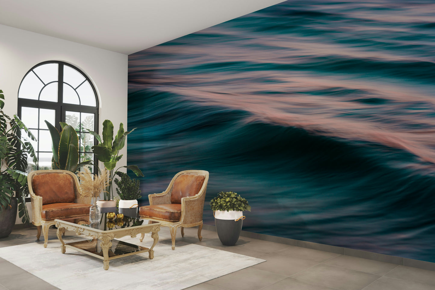 An artistic coastal scene mural on minimalist wallpaper.

