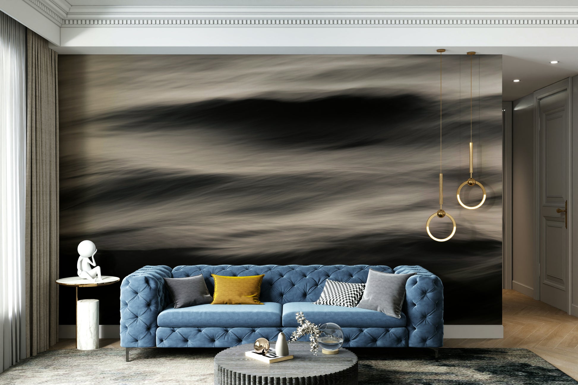 A peaceful open ocean mural on decorative wallpaper.

