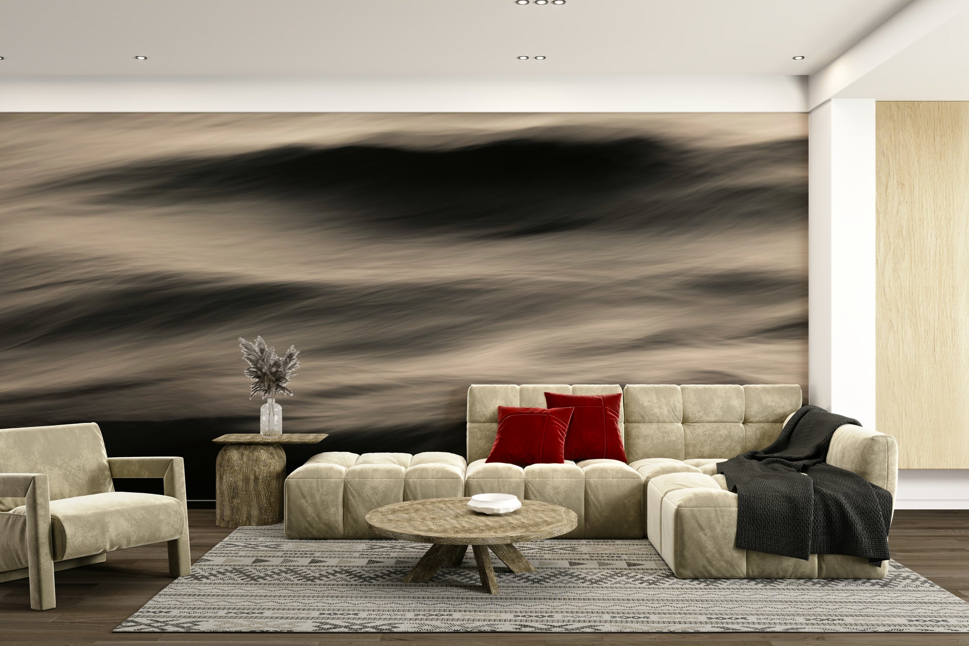 An artistic coastal scene mural on minimalist wallpaper.

