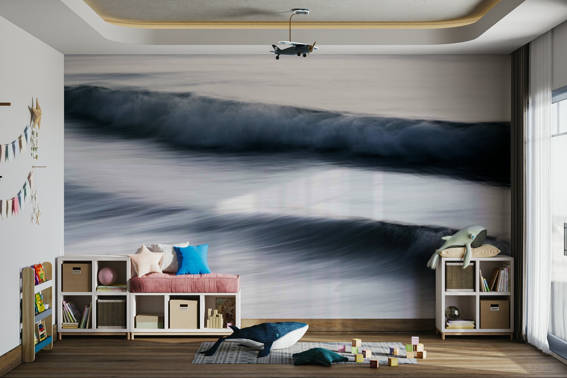 A peaceful open ocean mural on decorative wallpaper.

