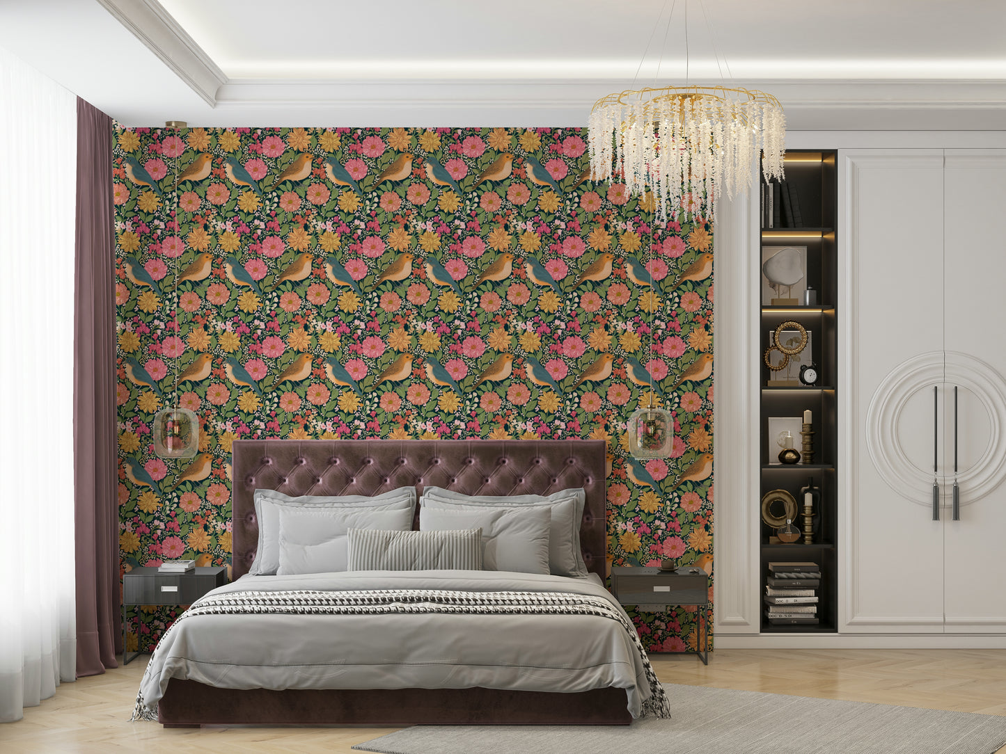 A contemplative floral pattern wallpaper mural for a feature wall.

