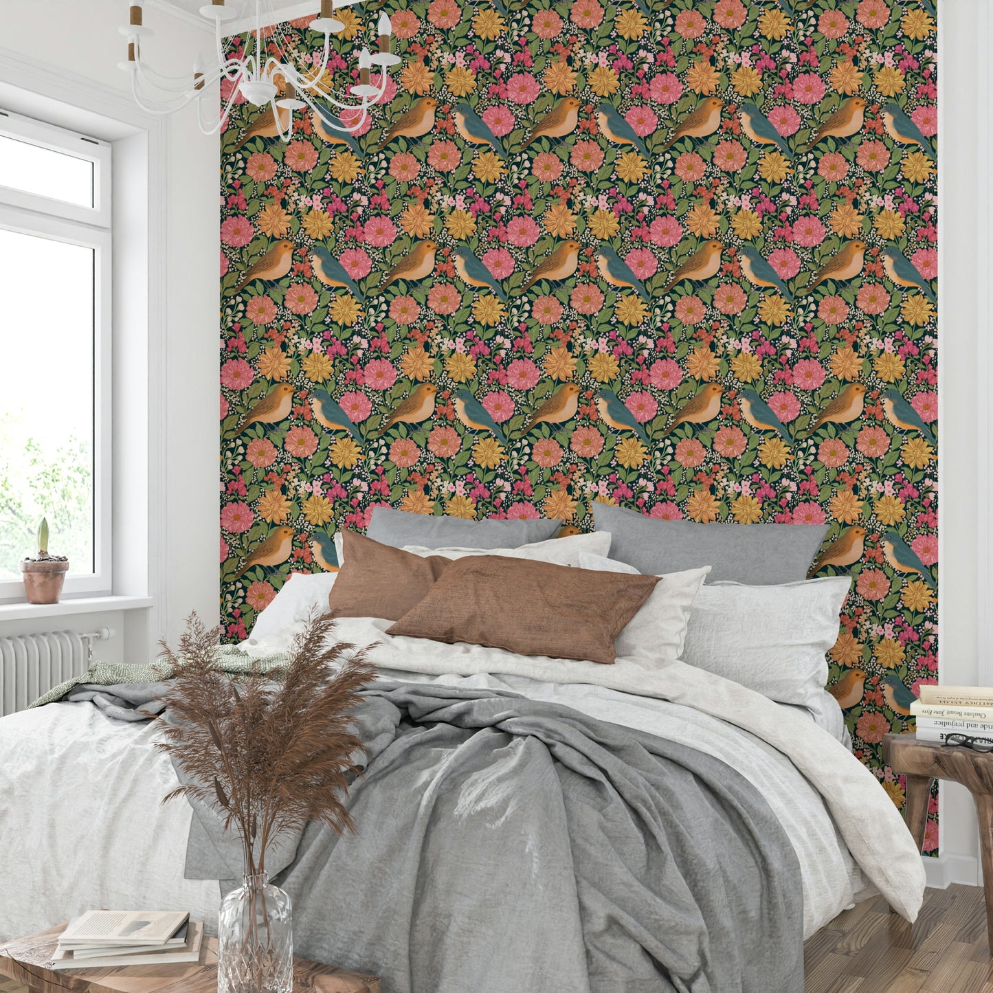 A calming floral harmony wallpaper mural that defines a space.

