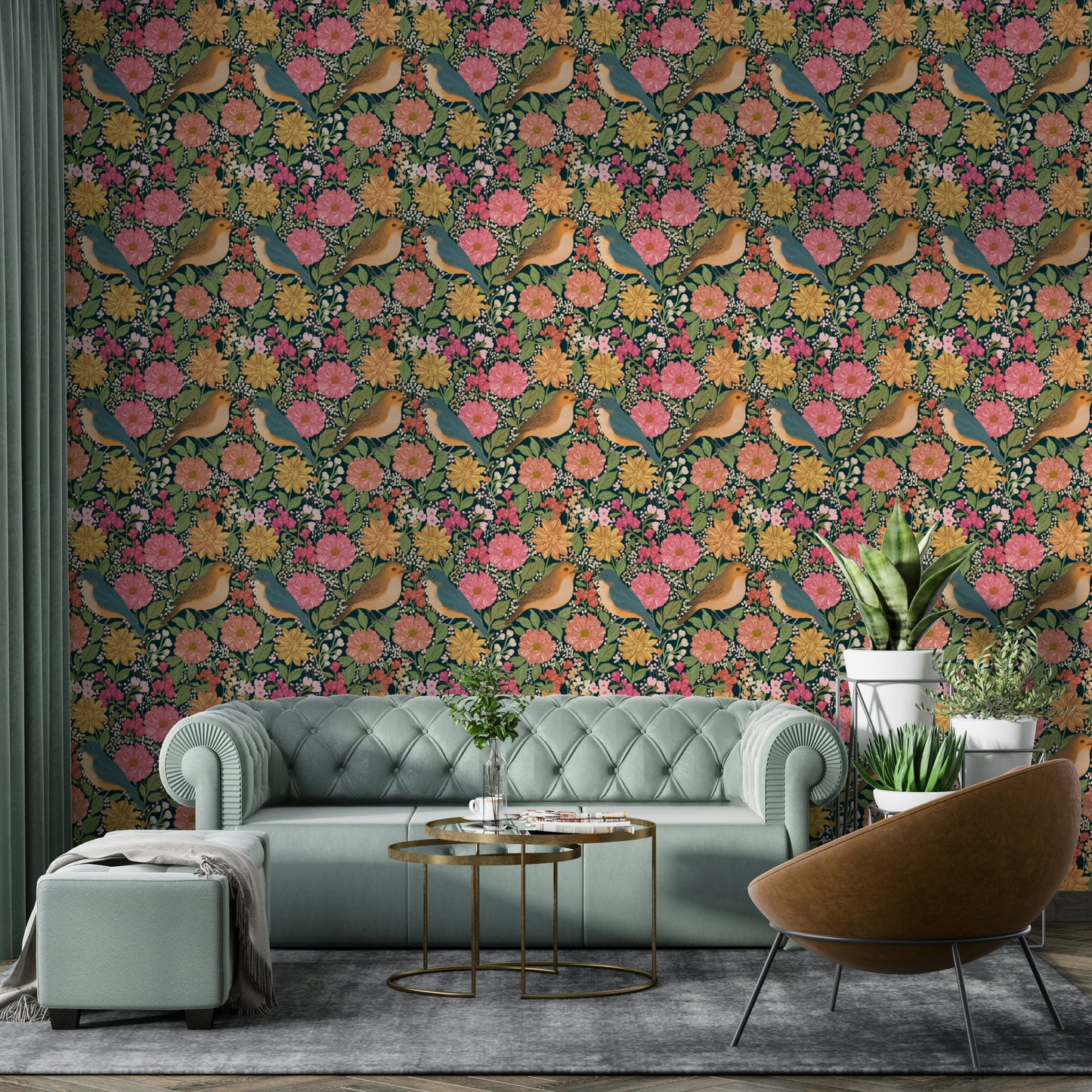 A beautiful floral and bird wallpaper mural for a charming room.

