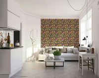 A peaceful flower garden mural on decorative wallpaper.

