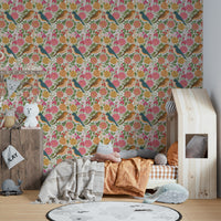 An artistic floral and bird mural on minimalist wallpaper.

