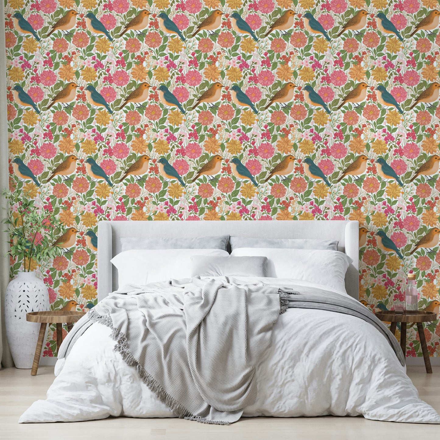 A peaceful botanical mural on decorative wallpaper.

