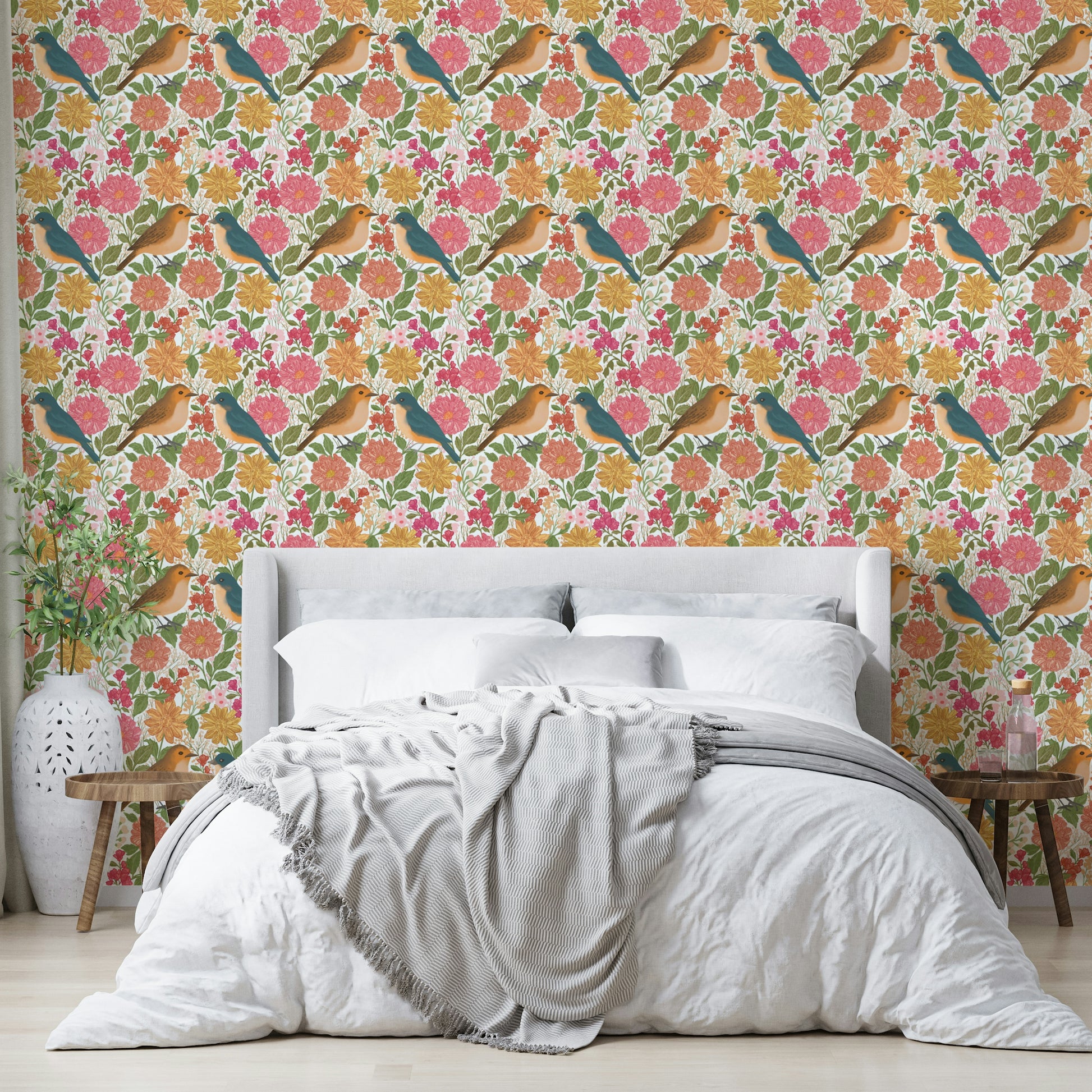 A peaceful botanical mural on decorative wallpaper.

