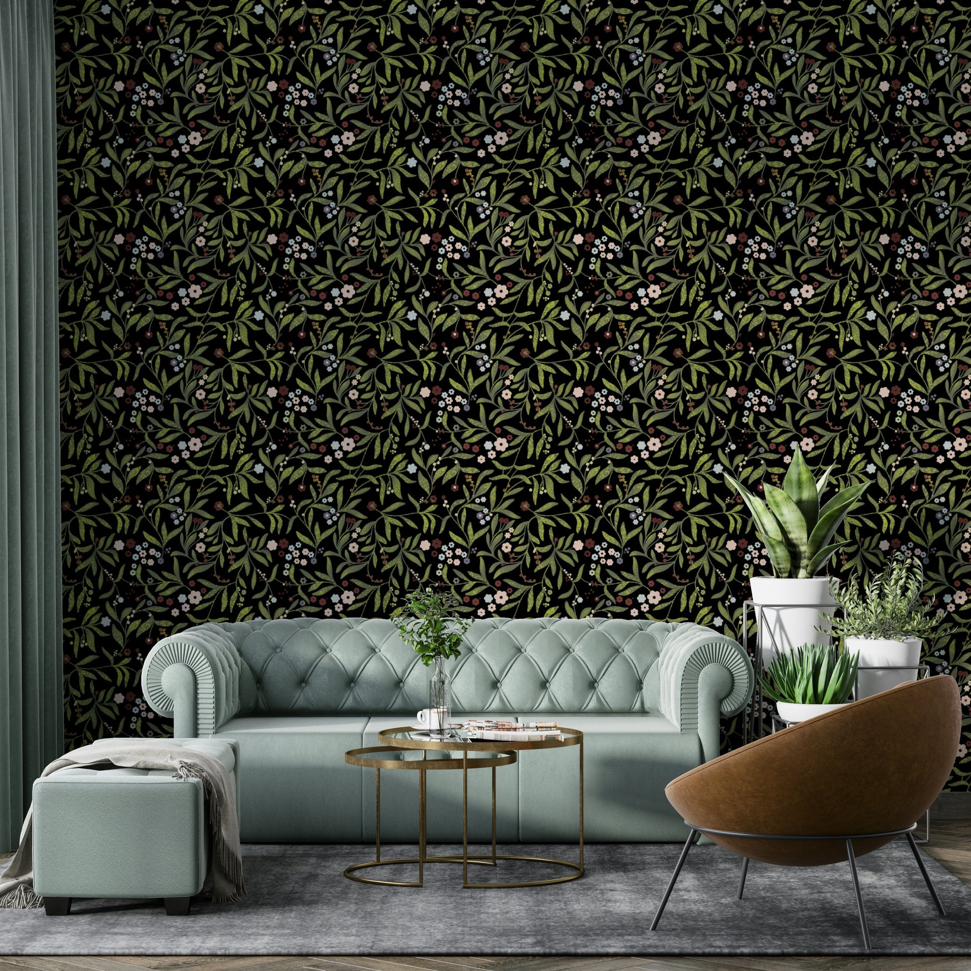 A calming floral abstract wallpaper mural that defines a space.

