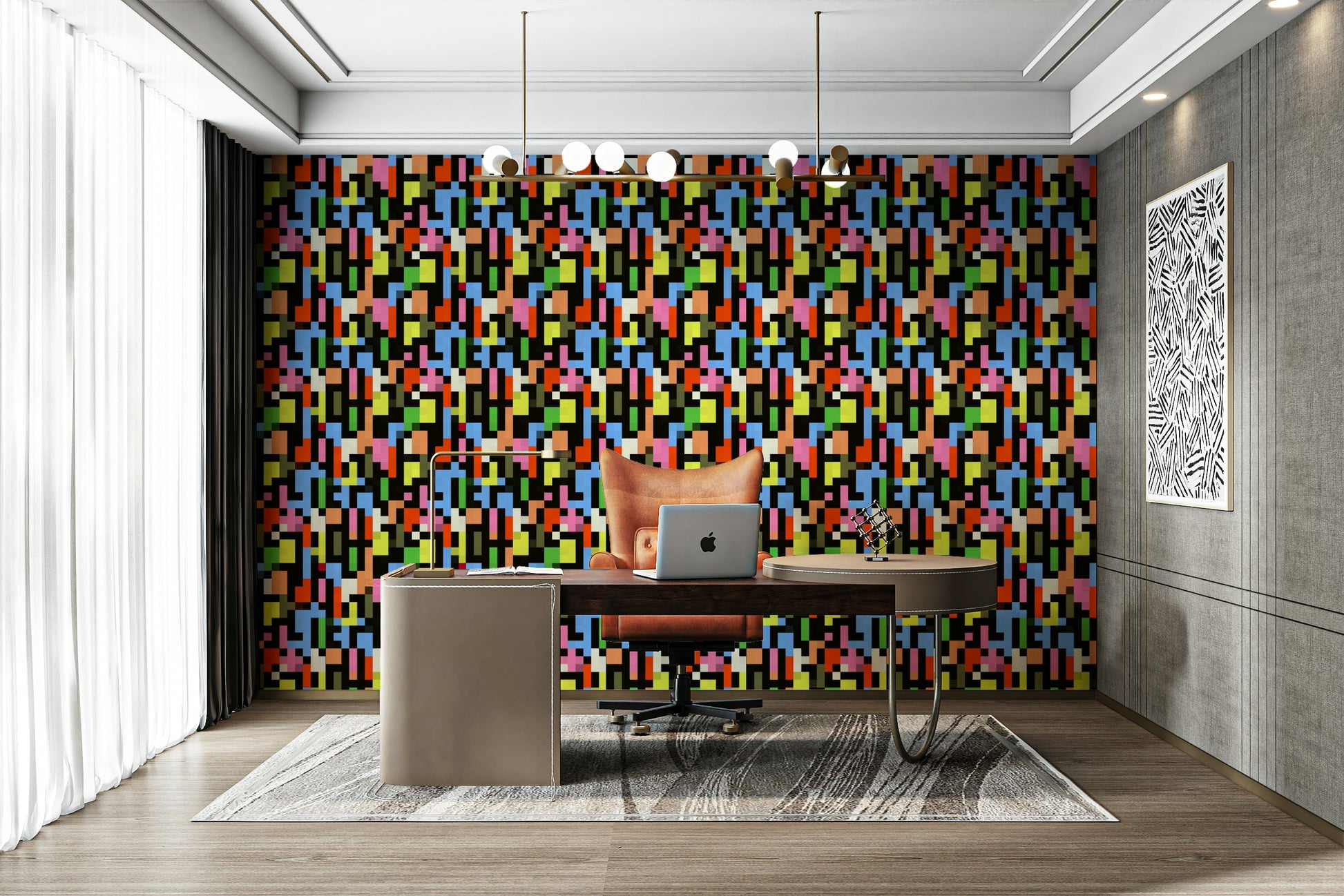 A graceful optical illusion wall mural in cool, vibrant tones.

