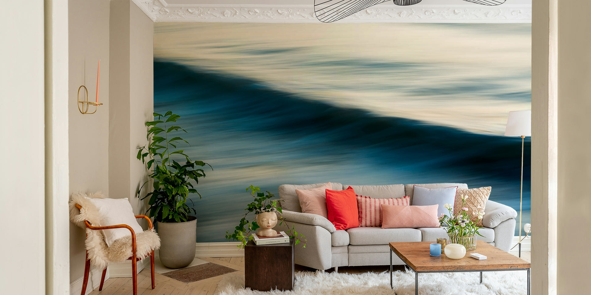 A peaceful open ocean mural on decorative wallpaper.

