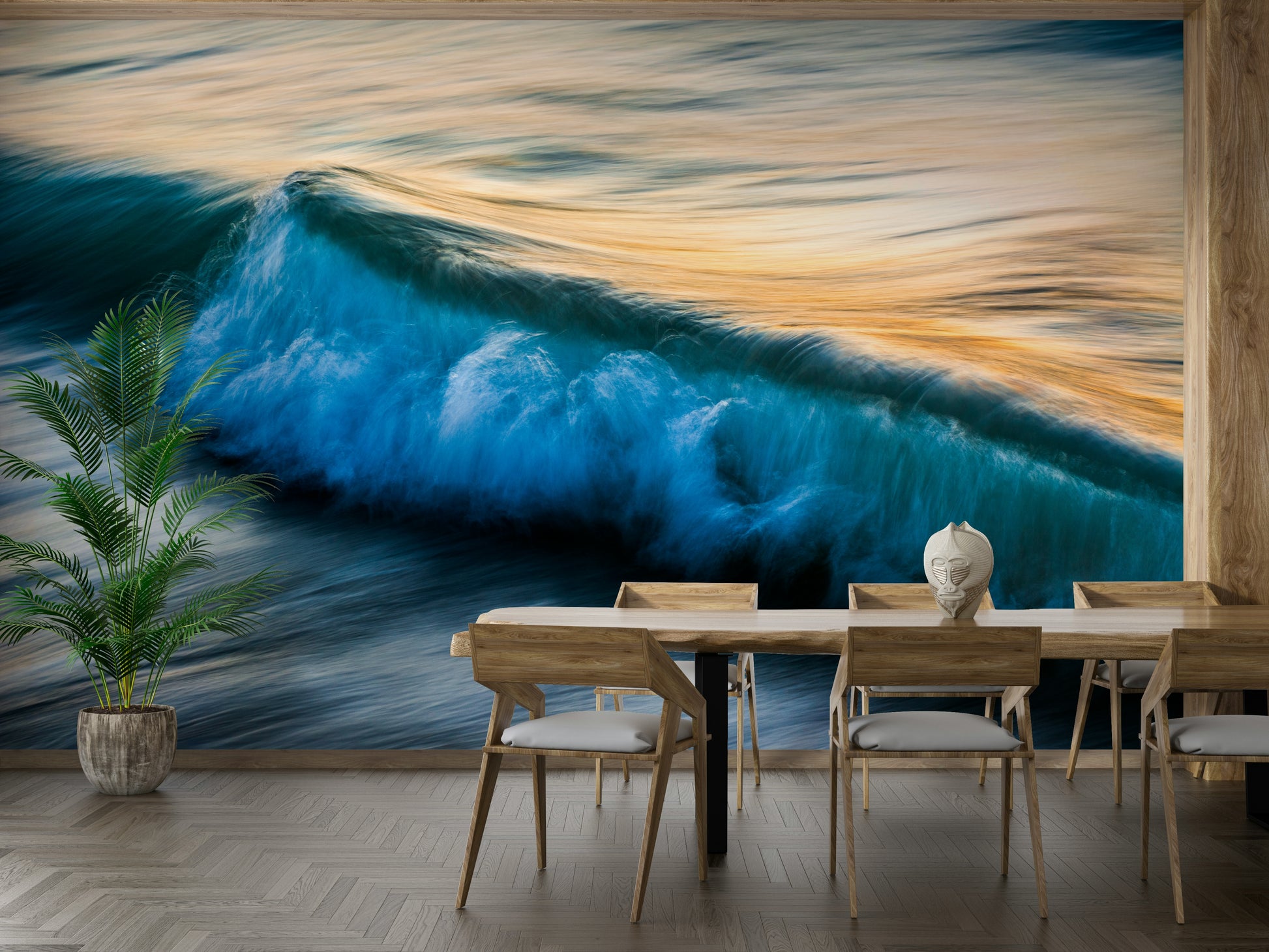 A tranquil abstract mural on the wallpaper.

