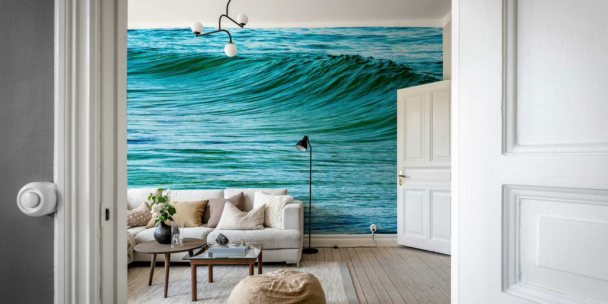 A peaceful open ocean mural on decorative wallpaper.

