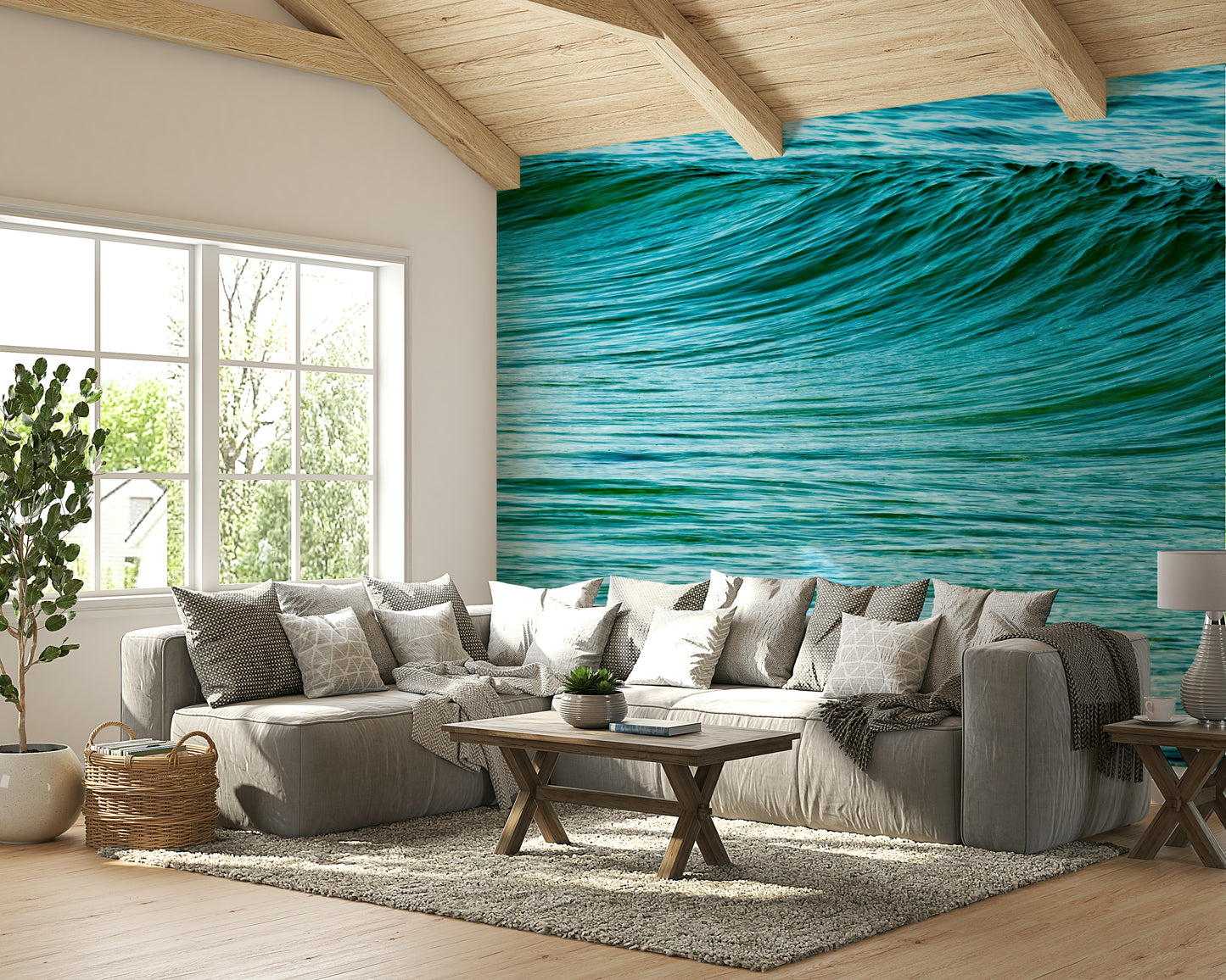 A beautiful abstract ocean wall mural for a living room.

