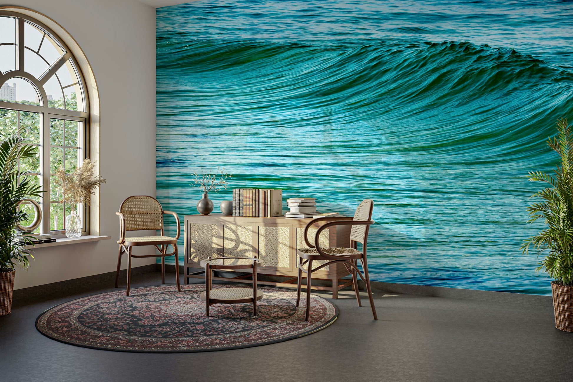 A calming water movement wallpaper mural that defines a space.

