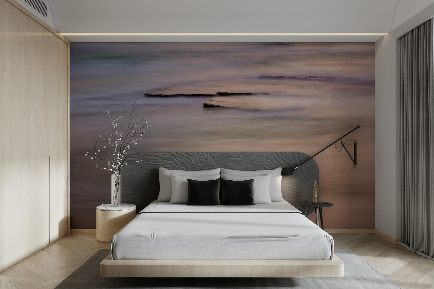 An artistic beach landscape mural on minimalist wallpaper.


