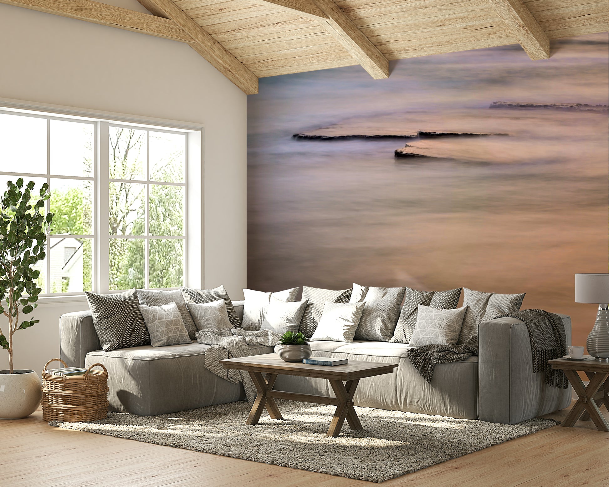 A graceful subtle water wall mural in cool, natural tones.

