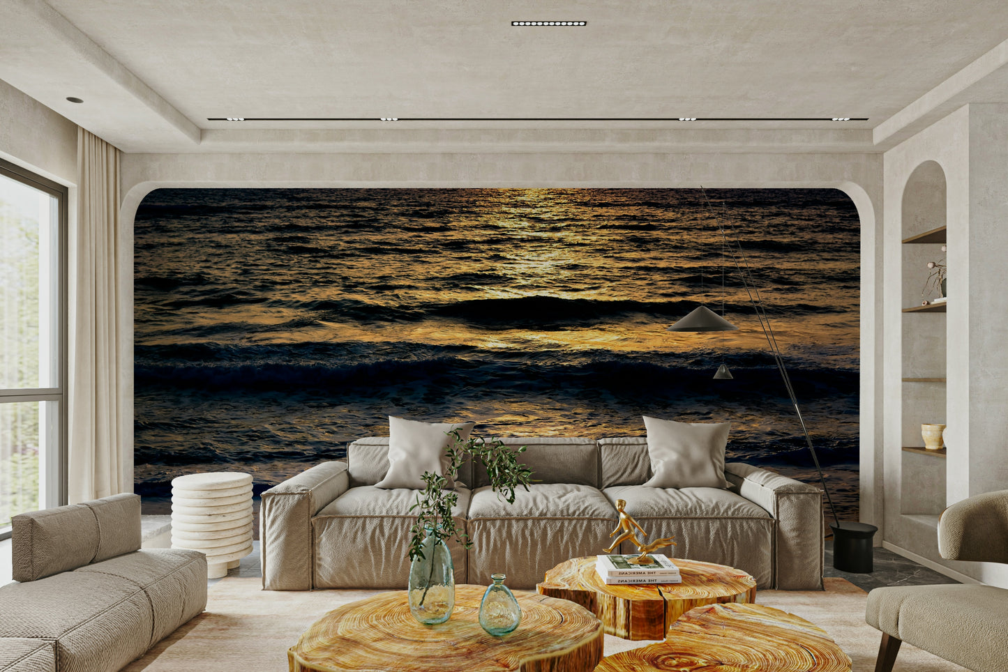 An artistic contemplative mural on minimalist wallpaper.

