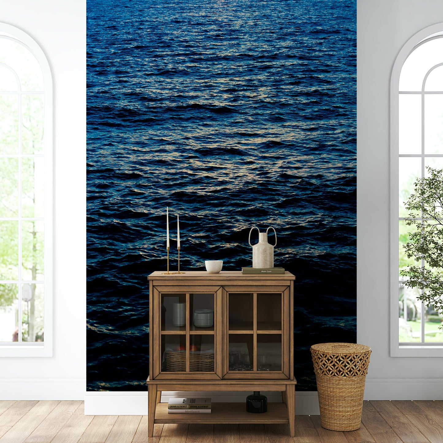 A calming serene mountain wallpaper mural that defines a space.

