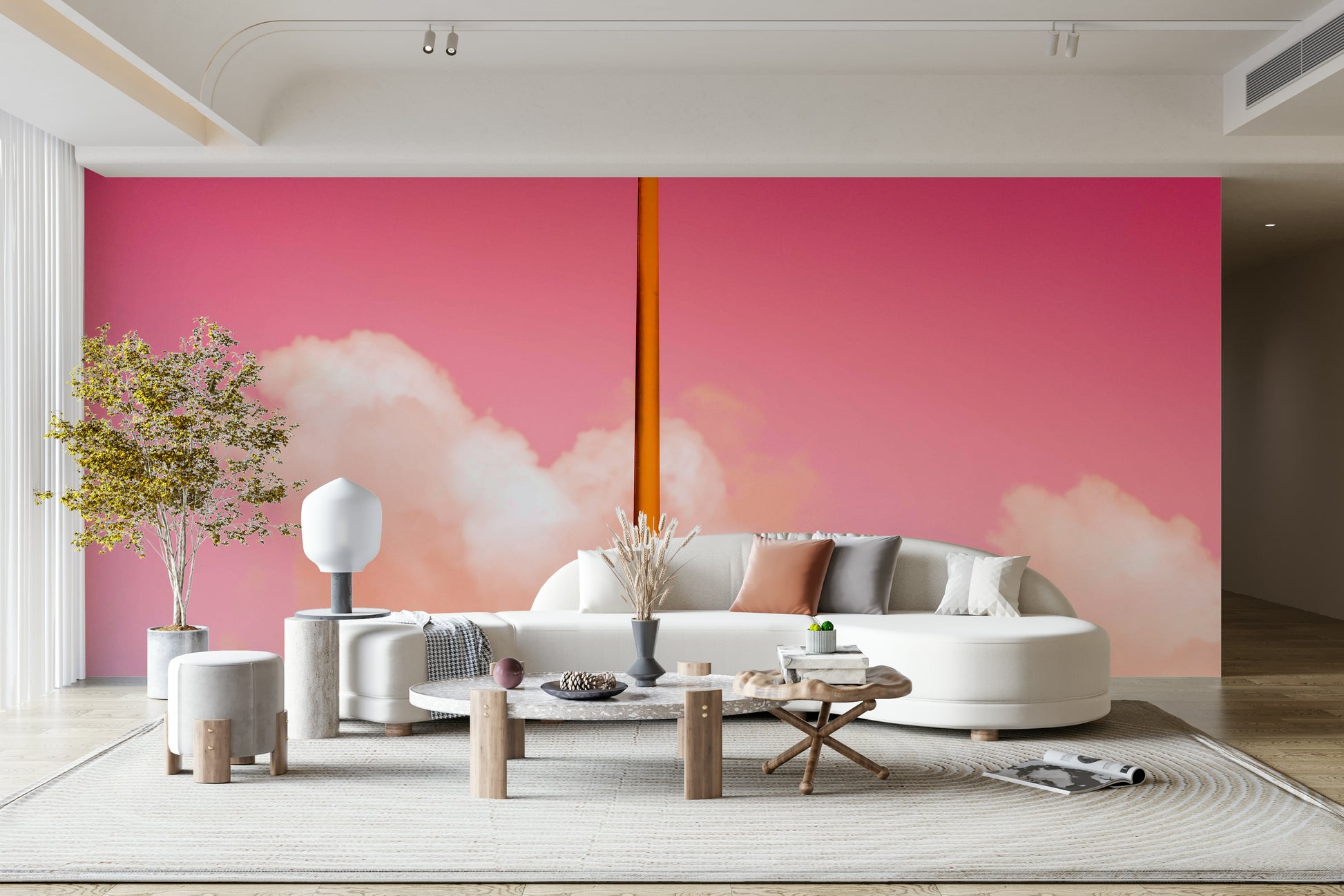 A peaceful color block mural on decorative wallpaper.

