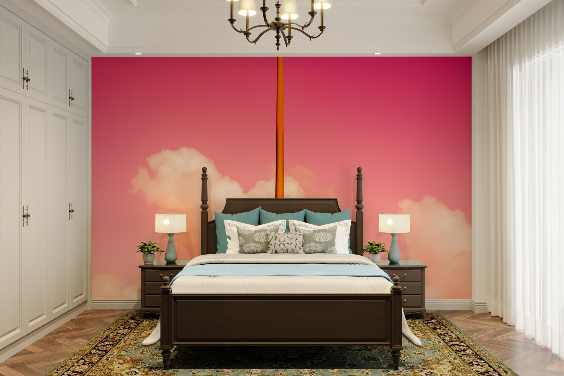 A calming pink design wallpaper mural that defines a space.

